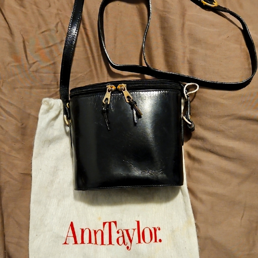 Ann Taylor Black Leather Crossbody Bag with Gold Hardware